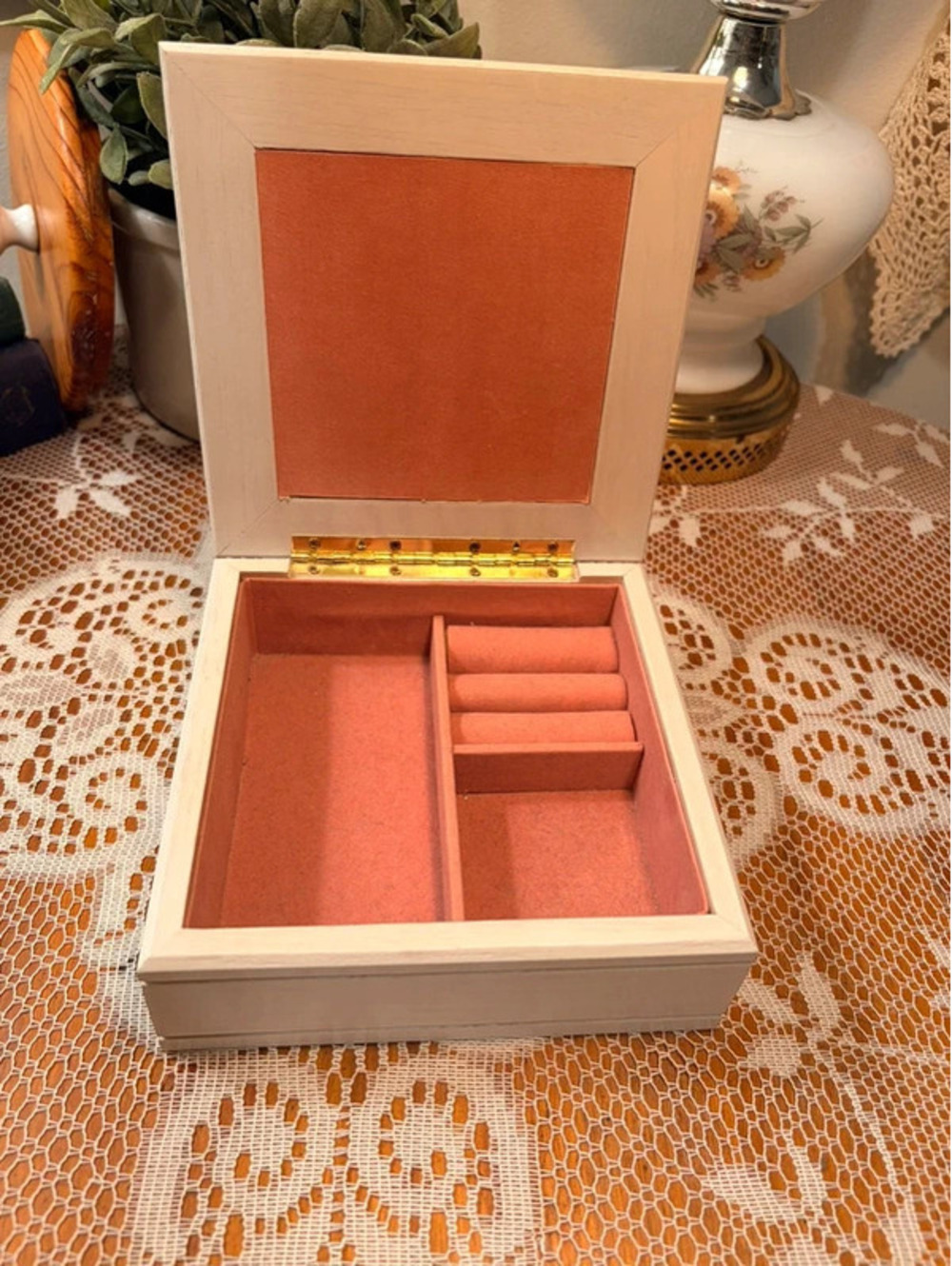 Floral Fruit Tile Wood Jewelry Box Pink Lined Cottage Decor